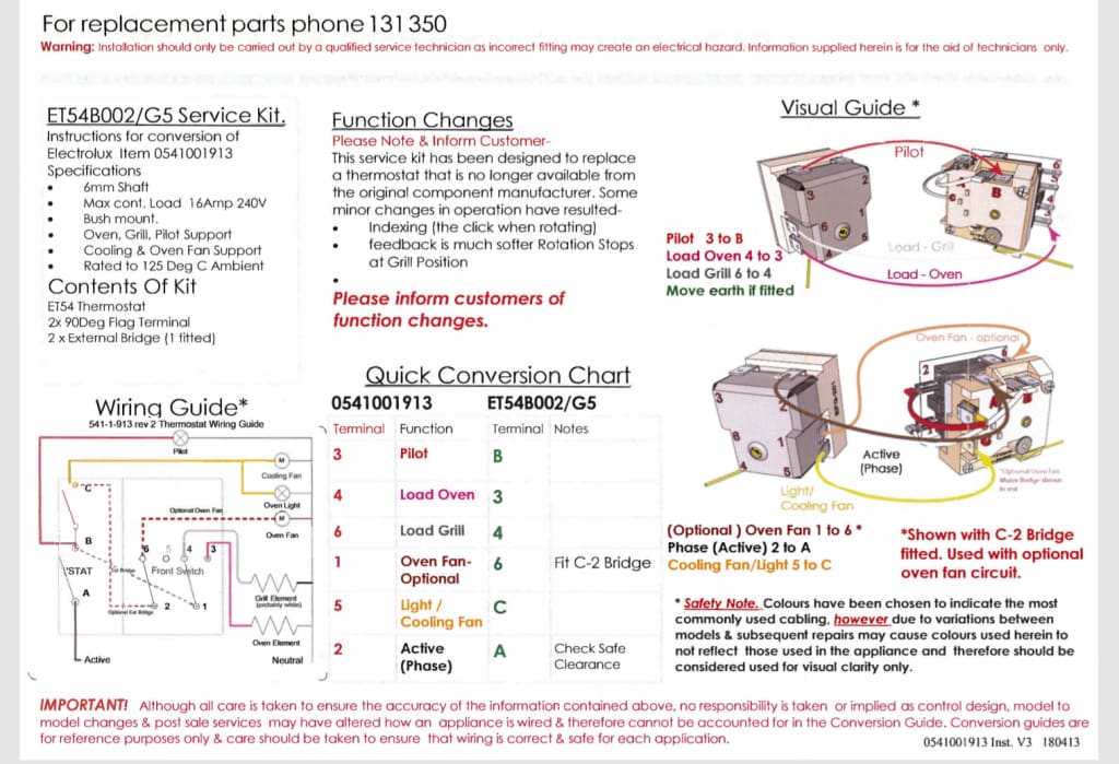 0541001913 573180P Electrolux Fisher and Paykel Multi Select with Grill Position Oven Thermostat EFG-201 Kit ORIGINAL
